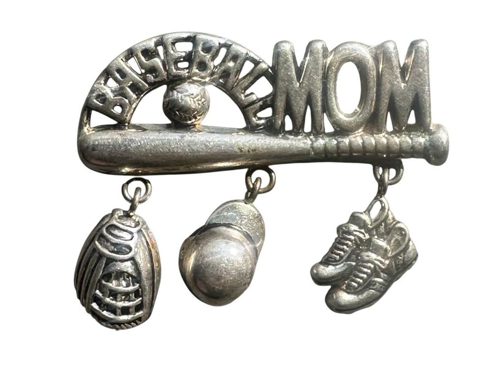 BEST silver tone Baseball Mom Dangle Charm Brooch Pin